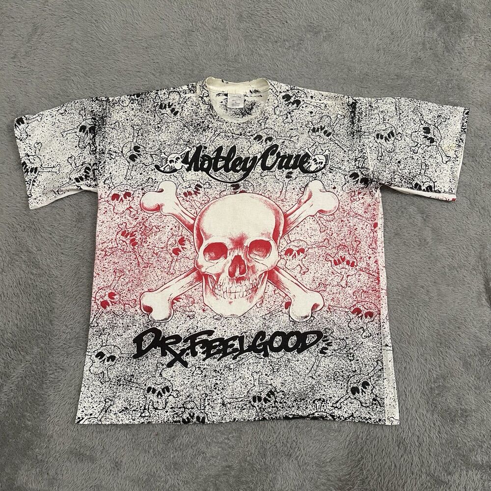 VTG 90s Mötley Crüe Dr. Feel Good T-Shirt All Over Skull Print Single Stitch XL